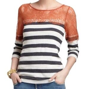 Anthropologie Deletta Lace Striped Cotton Top